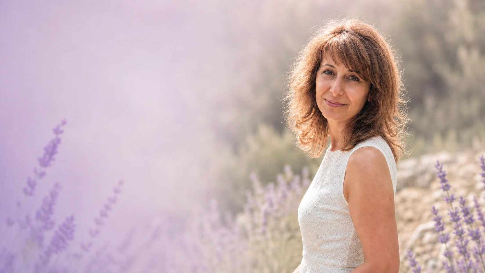 Zoya among lavender in a calm natural setting